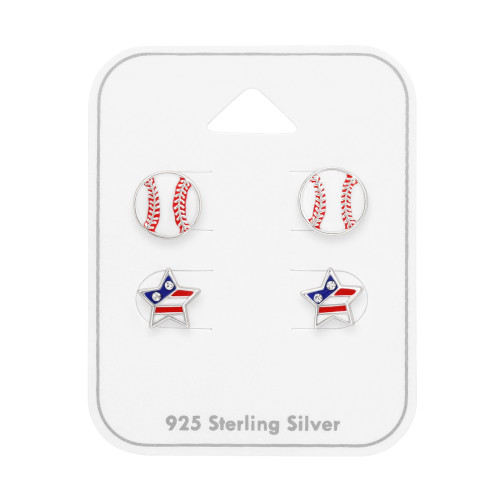 Baseball labda, USA csillag gyerek ezüst ékszer szett - 2 pár fülbevaló