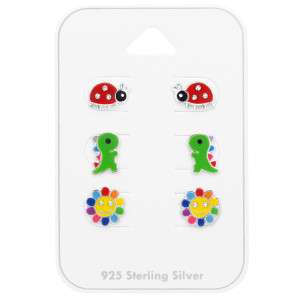 Katica, dínó, virág ezüst stift gyerek fülbevaló ékszer szett - 3 pár
