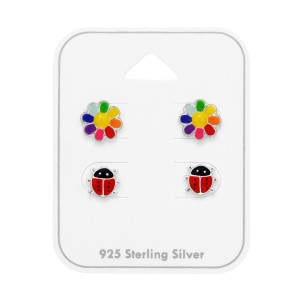 Virág és Katicabogár gyerek ezüst ékszer szett - 2 pár fülbevaló