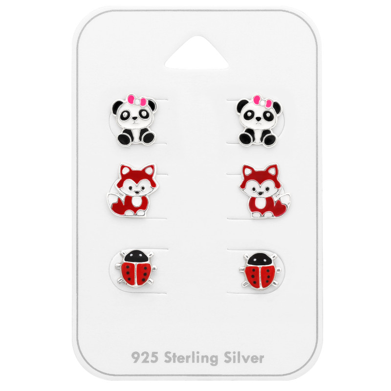 Katica, Panda, Róka gyerek prémium ezüst stift fülbevaló szett / 3 pár