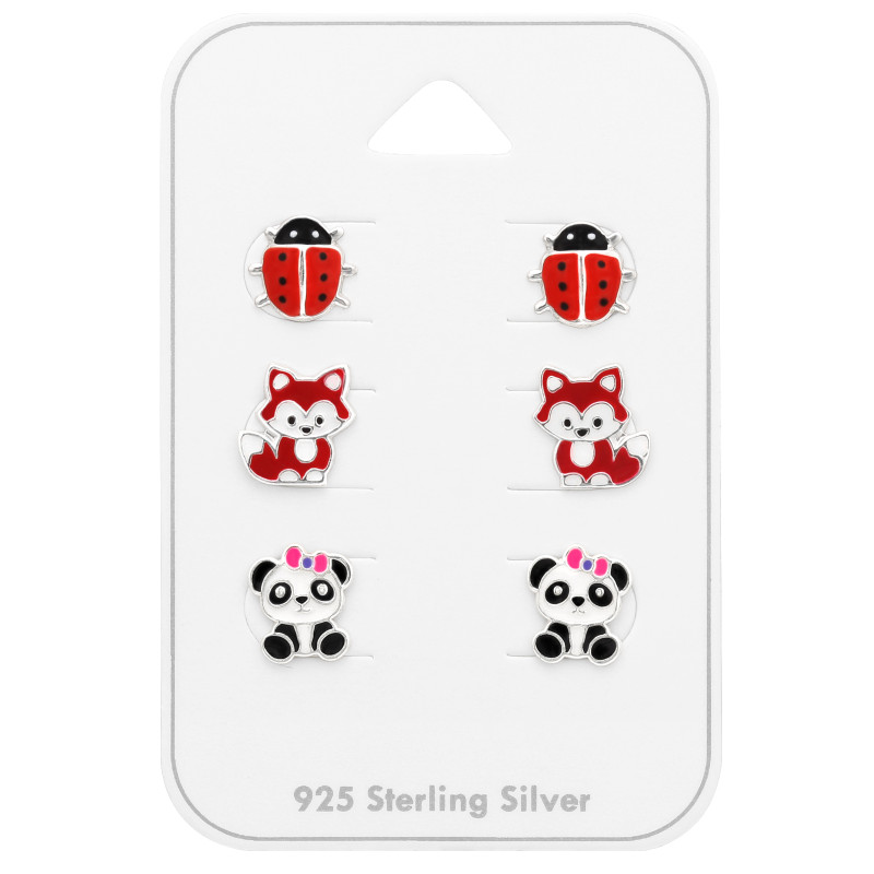 Katica, róka, panda gyerek ékszer szett, stift fülbevaló szett, 925 ezüst