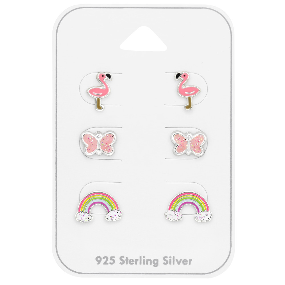 Flamingó, Szivárvány, Lepke gyerek prémium ezüst stift fülbevaló szett / 3 pár Flamingó, Szivárvány, Lepke gyerek prémium ezüst stift fülbevaló szett / 3 pár