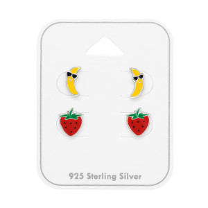 Eper és Banán gyerek ezüst ékszer szett - 2 pár fülbevaló