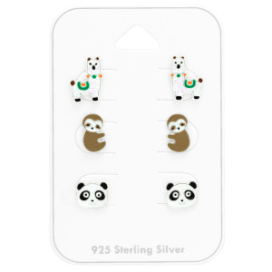 Láma, lajhár, panda gyerek ékszer szett, stift fülbevaló szett, 925 ezüst