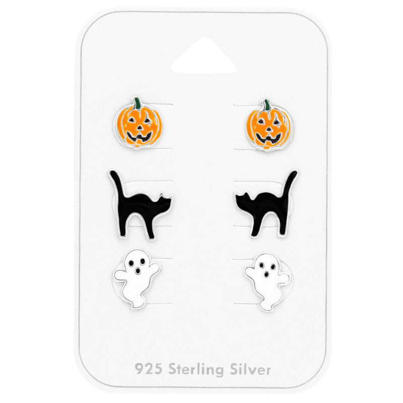 Halloweeni tök, macska, szellem gyerek ékszer szett, stift fülbevaló szett, 925 ezüst
