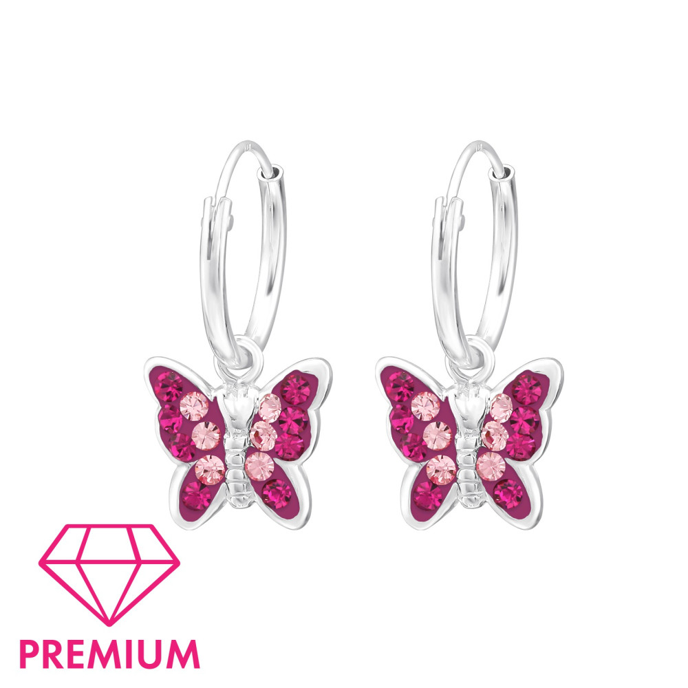Pink pillangós kristály ezüst gyerek prémium karika fülbevaló Pink pillangós kristály ezüst gyerek prémium karika fülbevaló