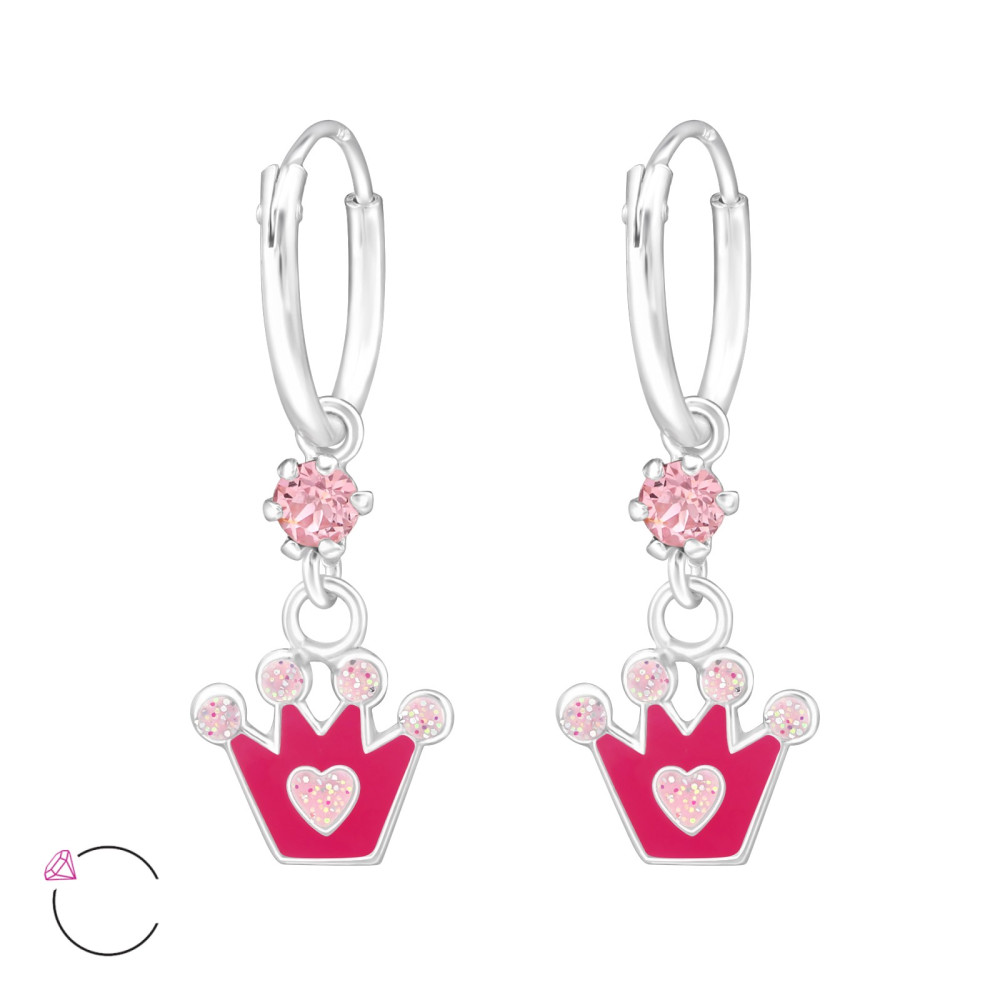 Pink korona KRISTÁLY kislány fülbevaló, ezüst, karika Pink korona KRISTÁLY kislány fülbevaló, ezüst, karika