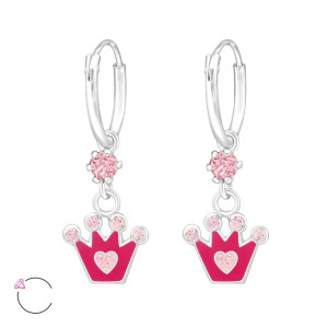 Pink korona KRISTÁLY kislány fülbevaló, ezüst, karika