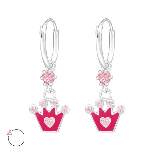 Pink korona KRISTÁLY kislány fülbevaló, ezüst, karika Pink korona KRISTÁLY kislány fülbevaló, ezüst, karika