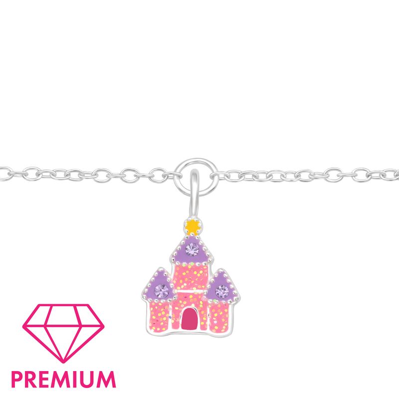 Kastély, pink gyerek prémium ezüst karkötő - 18 cm
