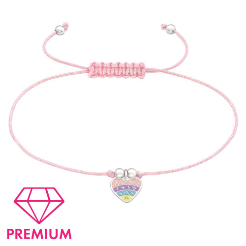 Színes szíves állítható zsinóros gyerek prémium ezüst medálos karkötő