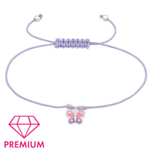 Lila rózsaszín pillangós állítható zsinóros gyerek prémium ezüst medálos karkötő