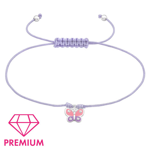 Lila rózsaszín pillangós állítható zsinóros gyerek prémium ezüst medálos karkötő