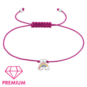 Szivárvány állítható zsinóros prémium kislány karkötő, ezüst medálos