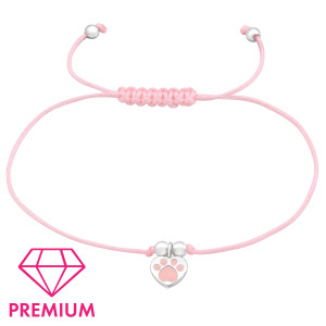 Kutya mancs szívben rózsaszín állítható zsinóros gyerek prémium ezüst medálos karkötő