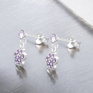 Lila lógó kutya mancs gyerek fülbevaló, stift, kristály, 925 ezüst
