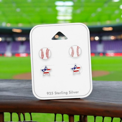 Baseball labda, USA csillag gyerek ezüst ékszer szett - 2 pár fülbevaló