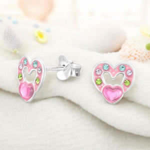 Szív keretes gyerek fülbevaló, stift, színes, 925 ezüst