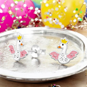 Hattyú koronával gyerek stift kristály fülbevaló 925 ezüst