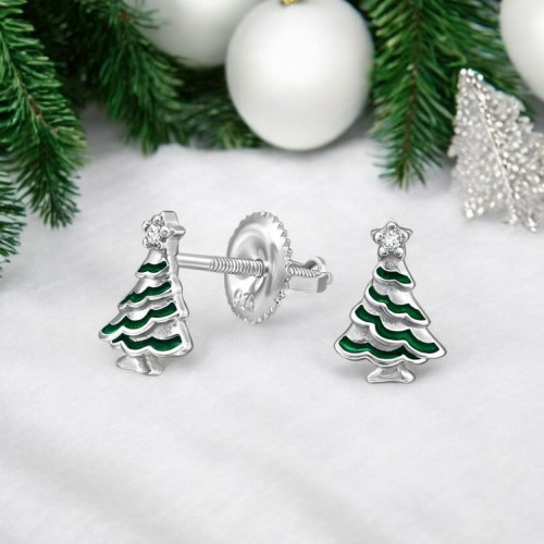 Fenyőfa csavaros záras stift gyerek fülbevaló, 925 ezüst