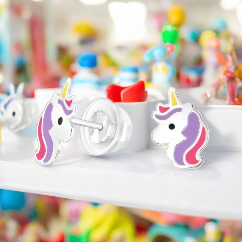 Lila, Pink Egyszarvú Fejes gyerek prémium stift fülbevaló 925 ezüst