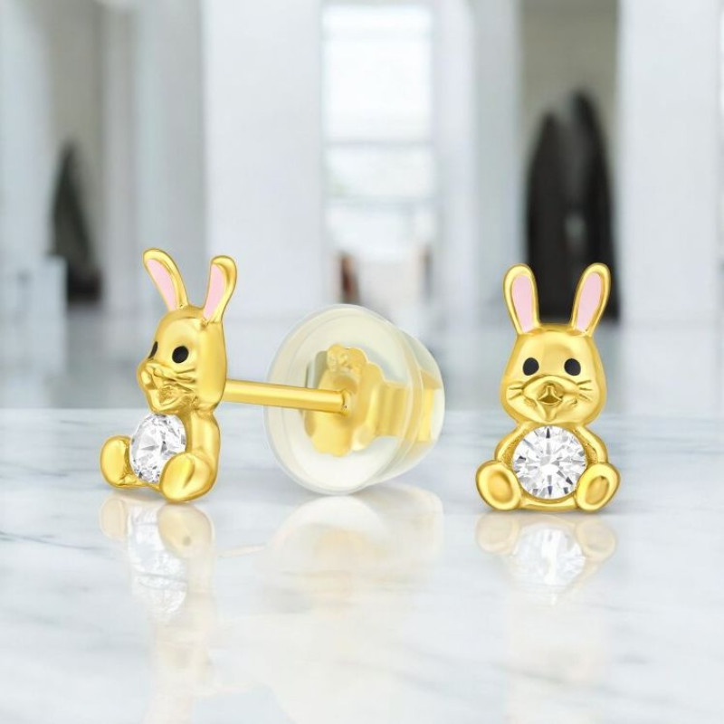 Nyuszi gyerek prémium stift fülbevaló 925 ezüst, 24k aranyozott