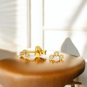 Három virágos baba gyémánt gyerek fülbevaló, 925 ezüst + 24k aranyozott