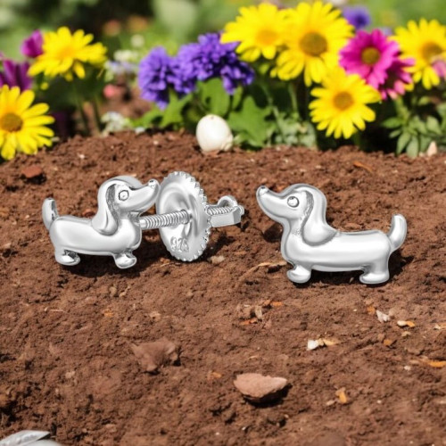 Tacskó kutyás csavaros biztonságos stift gyerek fülbevaló, 925 ezüst