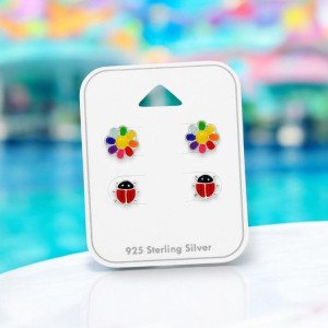 Virág és Katicabogár gyerek ezüst ékszer szett - 2 pár fülbevaló