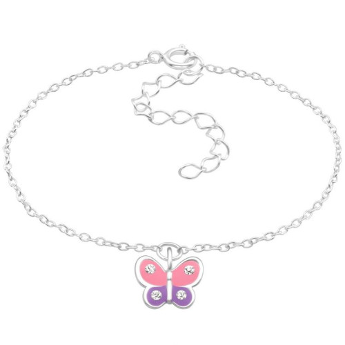 Rózsaszín és lila pillangós gyerek prémium ezüst karkötő - 18 + 4 cm