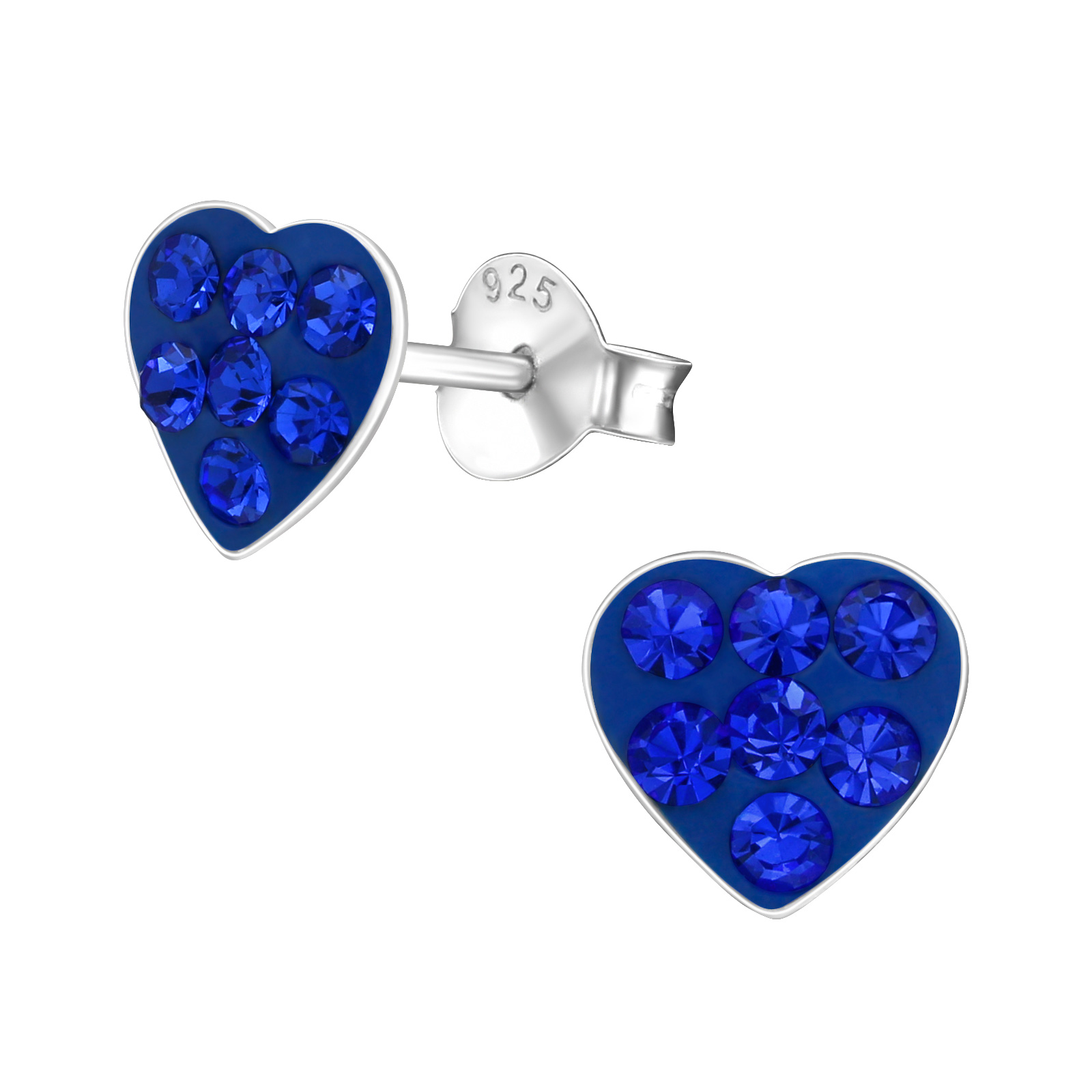 Kék szív gyerek fülbevaló, stift, kristály, 925 ezüst, 1 pár