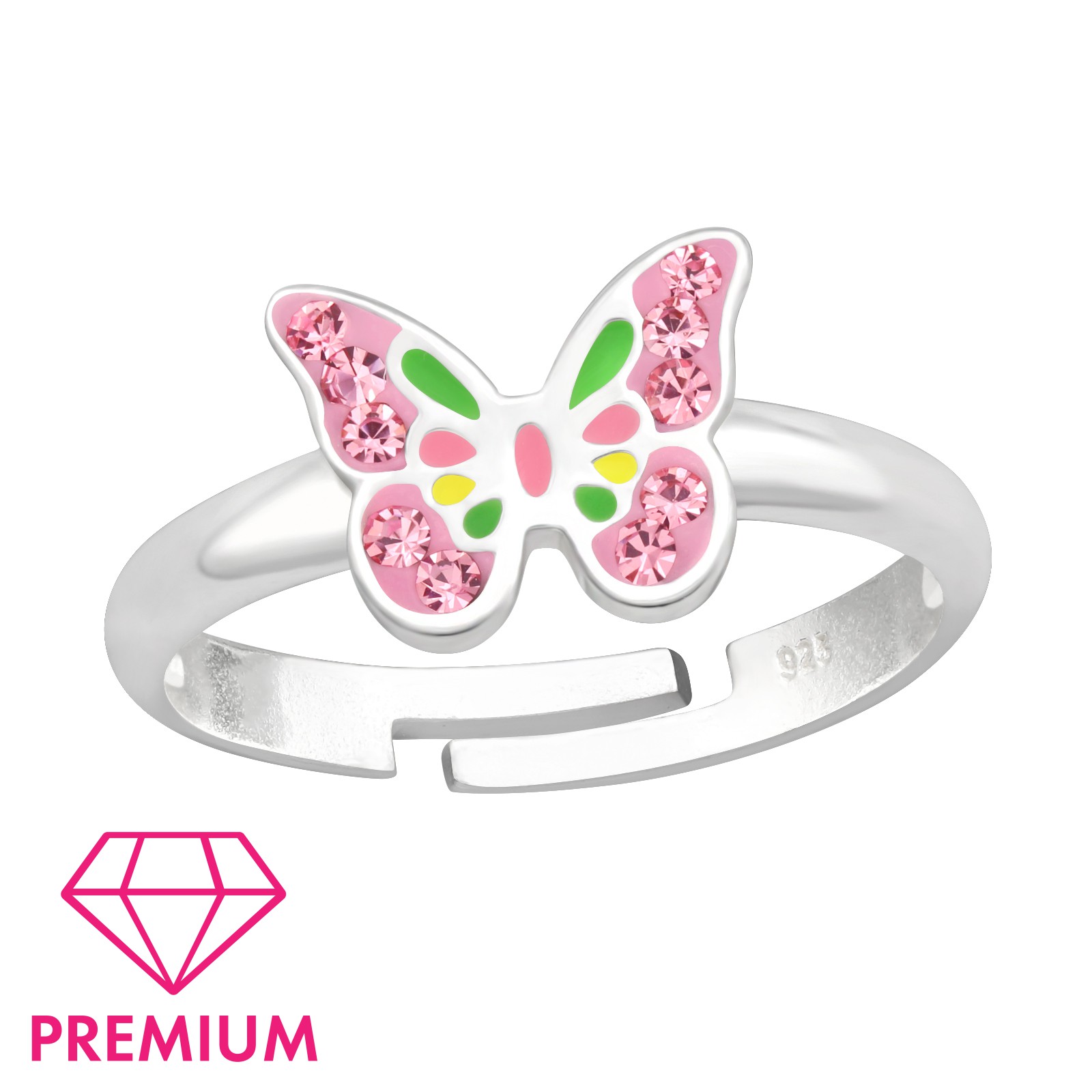  Rózsaszín kristályos lepkés állítható gyerek prémium ezüst gyűrű
