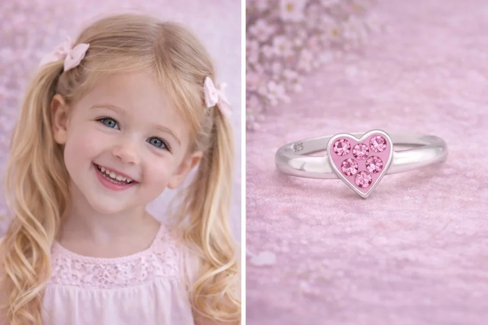 Ezüst gyerek gyűrű kislányoknak pink szív kristályokkal