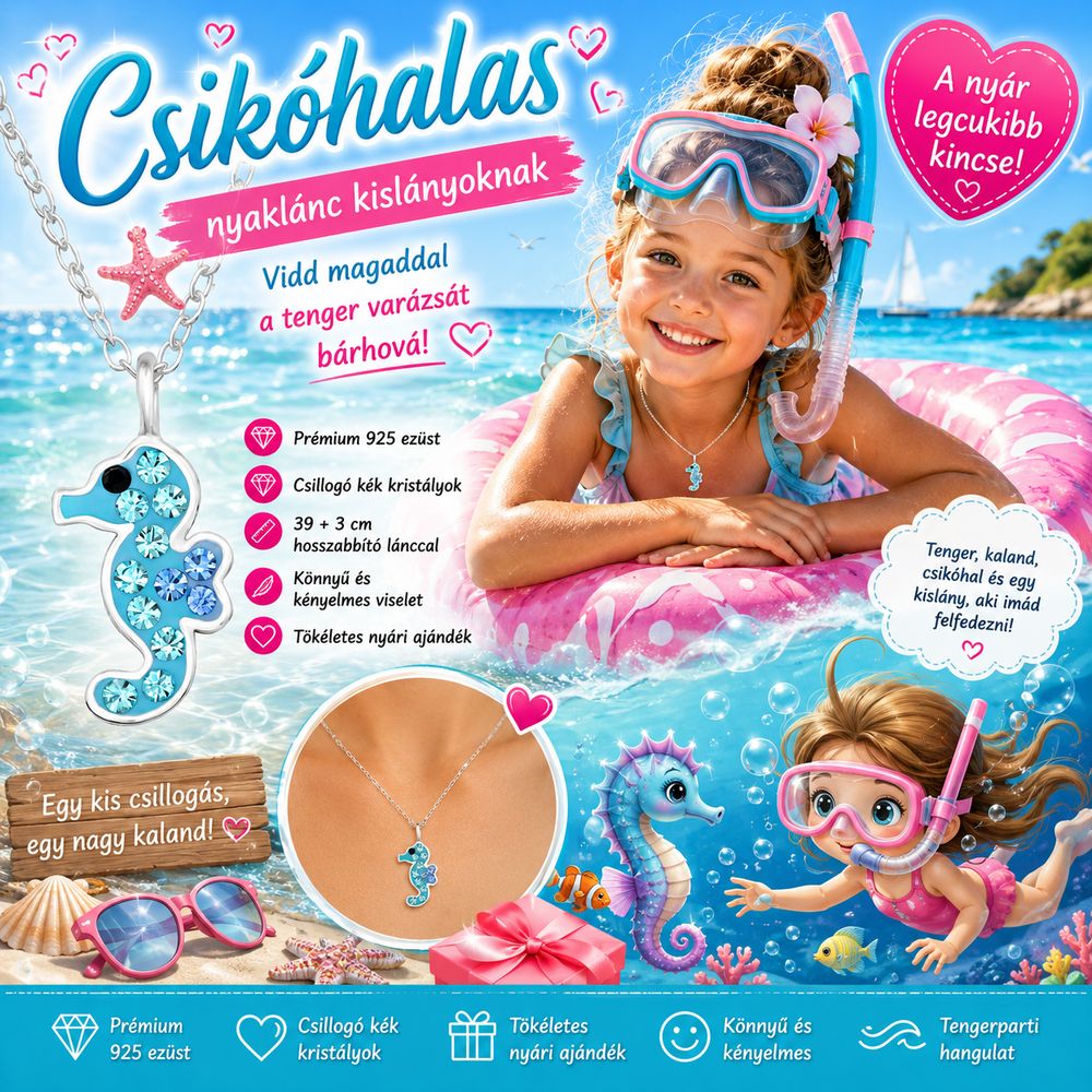 Csikóhalas ezüst nyaklánc kislányoknak