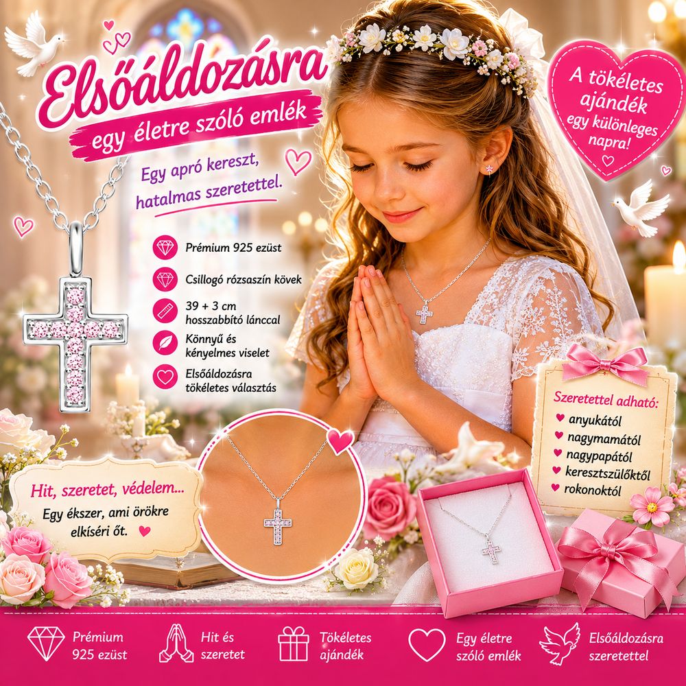 Elsőáldozásra kereszt ezüst kislány nyaklánc